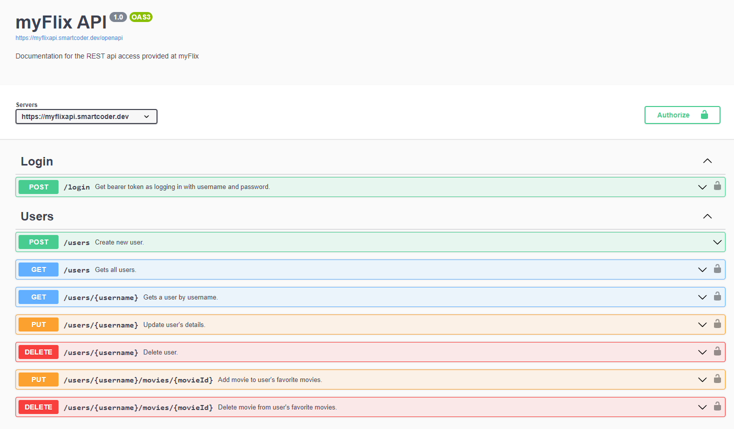 Screenshot of the myFlix API documentation.